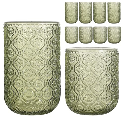 WeirdUncle Set of 8 Vintage Embossed Glassware,4 Highball Glasses 14oz & 4 Rocks Drinking Glasses 9oz, Art Deco, for Wine, Water, Cocktail, Juice, Whiskey, Gift (Green)