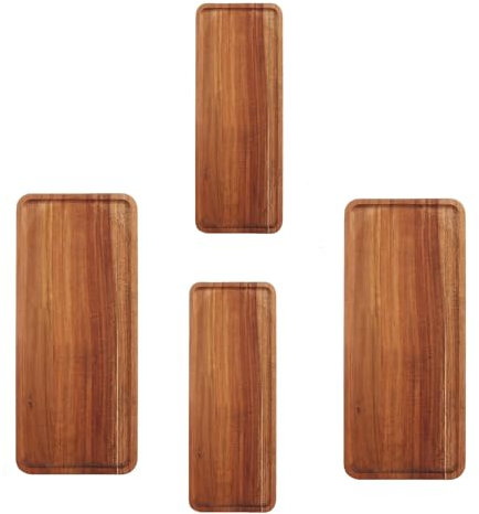 MEIDIV 4pcs Wooden Serving Tray, Wood Serving Platter with Raised Edge, Wooden Boards for Food Serving, Acacia Wood Tray for Snack Breakfast Sushi Coffee Tea Appetizer (36x14x1.5CM/28x10CM)