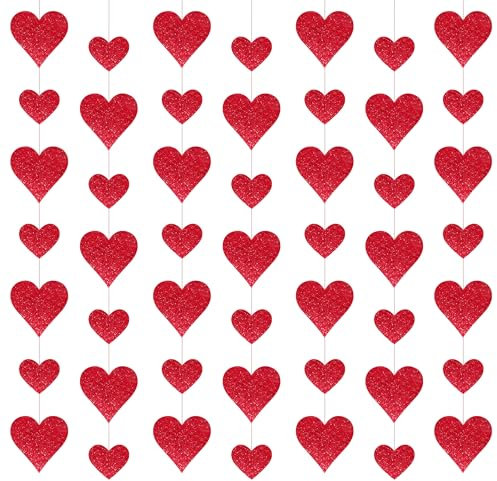 4PCS Glitter Heart Garland, Valentines Day Decorations Paper Hearts Streamers Hanging Hearts Decorations for Valentines Galentines Day Birthday Bridal Shower Wedding Engagement Anniversary Decor