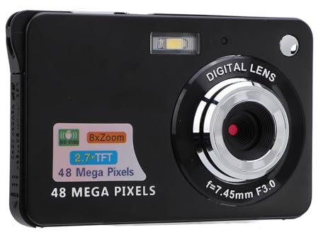 Digitalkamera 48 MP, 4K, 8-facher Zoom, 20 Filter, 2,7-Zoll-Bildschirm, Verwacklungsfrei, Wiederaufladbar, Kompaktkamera für, Studenten, Vlogging (Black)