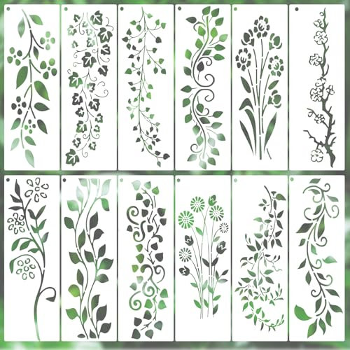 JIYIN 12 Stück Blätter Schablone, 30x10cm Wand Malen Schablonen Malschablonen Set Schablonen Wandgestaltung Malvorlagen für Holz Wände Leinwand Möbe