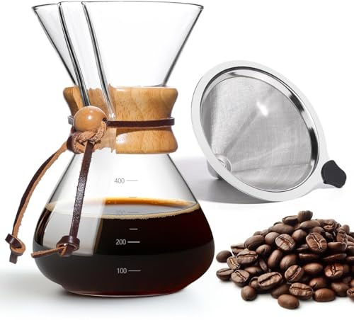 Yopinmall Pour Over Coffee Maker 14 OZ, 4 Cup Borosilicate Glass Drip Coffee Maker with Reusable Stainless Steel Filter and Cork Grip for Home Café 400 ML
