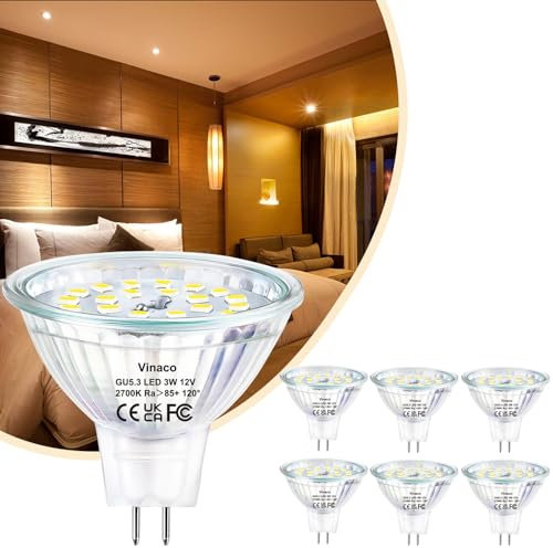 MR16 GU5.3 LED Warmweiß 2700K, 6 Pack Vinaco GU5.3 LED 12V 3W (Entspricht 35W) Abstrahlwinkel 120° Flood, Kein Flimmern 350LM GU 5.3 Bi-Pin Sockel, Nicht Dimmbar CRI85+ Reflektorglas MR16 12V Für Haus