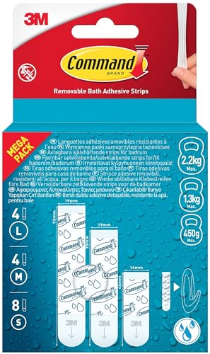 Command Removable Bath Strips Pack of 8 Small, 4 Medium, 4 Large Adhesive Strips - Organise Without Drilling and Holes - Removable Without Residue