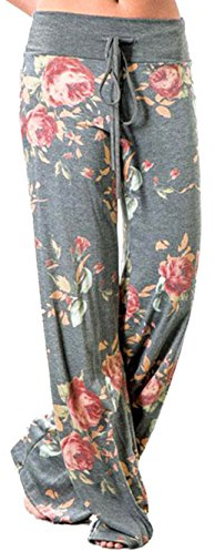 Famulily Women's Casual Floral Print Drawstring Wide Leg Pajama Lounge Pants(M,Dark Gray)