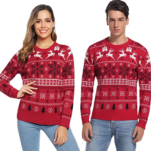 Aseniza Jersey Navideño para Hombre Mujer Pareja Jersey Navidad Familia de Rojo de Casual Cuello Redondo Clásico, S-XXL