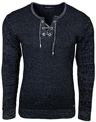 Subliminal Mode Maglione da uomo in maglia con scollo a V con laccio - Stile basic - Vestibilità aderente - Pullover lavorato a maglia invernale a maniche lunghe - Idea regalo BX52132, Nero , XXL