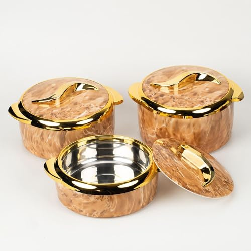 Hywisnok isolerad termisk skål 3 st. Set 2,6/2,1/1,6 qt. - Håll maten varm i timmar - Mångsidiga serveringsrätter med lock - perfekt för fester och daglig användning - Marmor brons