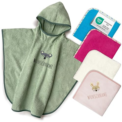my STITCHERY Badeponcho Kinder mit Namen Bestickt, Oeko-TEX® Standard 100 - Personalisiertes Kapuzenhandtuch aus Reiner Baumwolle mit gesticktem Namen und Motiv (Dunkelgrün)