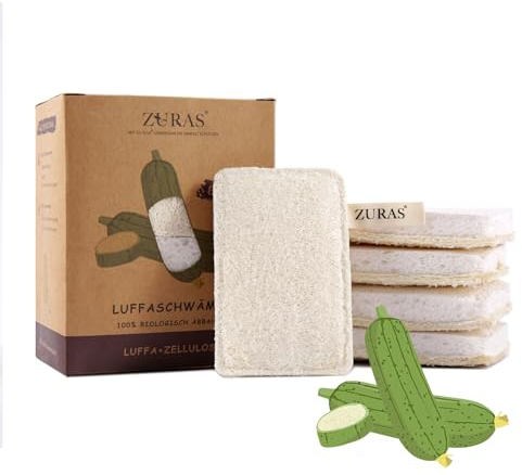 ZURAS - 8 vegane Luffaschwämme, Peelingschwamm und Reinigungsschwamm, Schwamm zur Hautreinigung, Geschirrspülen, Oberflächenreinigung und Fleckenentfernung