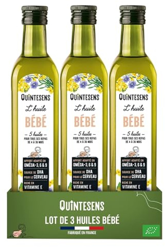 Lot 3 Huiles Bébé QUINTESENS 250 ml - Développement cérébral et Protection cellulaire - Apports en DHA, Oméga 3, 6 & 9 et Vitamine E - Production 100% Française - 4-36 Mois