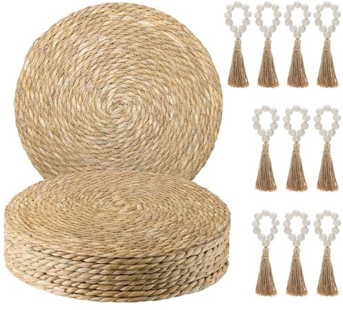 Hardcometrue Boho Woven Placemats Set of 10 with Wooden Napkin Rings, Round Charger Plates, Natural Ranttan Dinner Place Mats for Dining Table Decor - 13.8 inch