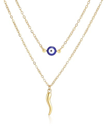 VASSAGO Collier Mauvais Oeil Collier Pendentif En Corne Italienne Colliers En Couches Pour Les Femmes Bleu Turc Oeil Chanceux Protection Bijoux Cadeau Pour Les Femmes Hommes (doré)
