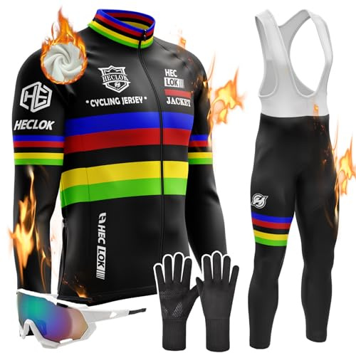 Abbigliamento Ciclismo Uomo Invernale Tuta da Ciclista Manica Lunga Completo, Antivento e Caldo, MTB Bici, 9D Gel Pantaloni Lunghi con Pettorina Set di Abbigliamento Ciclista (TYP-2,XL)