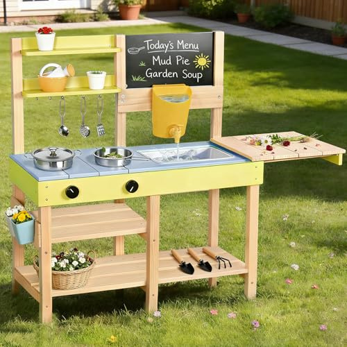 Dreamon Cocina de barro para niños al aire libre, juego de cocina de madera con fregadero extraíble, pizarra de tiza, juguete de jardín y accesorios de cocina de acero inoxidable, accesorios de cocina