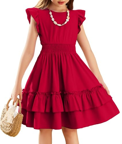 Arshiner Niñas Vestido Mangas Voladoras Verano Niños Algodón Vestido Ocio A-Line Elegante Swing Vestidos de Fiesta para Niñas 5-13 Años