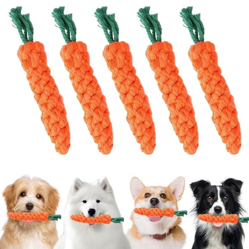 UZSUZZ 5 Piezas Juguetes para Perros Zanahoria Juguetes Interactivos para Perros Juguete de Cuerda de Zanahoria para Cachorros de Punto para Morder para Perros Pequeños y Medianos