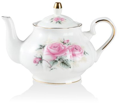 Sweejar Home Théière en porcelaine, théière vintage en céramique, motif floral doré, théière en vrac, théière en vrac, cafetière, pour femmes et amateurs de thé, 850 ml, 3 à 4 tasses (fleur rose)