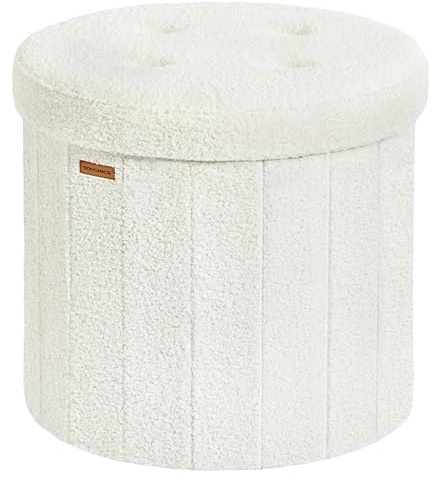 SONGMICS MAZIE Collection - Round Storage Ottoman, Foldable Foot Stool with Removable Lid, Easy Assembly, 46 x 45 cm, Teddy Fleece Vanity Stool for Dorm, Bedroom, Living Room, Cream White LSF606W02