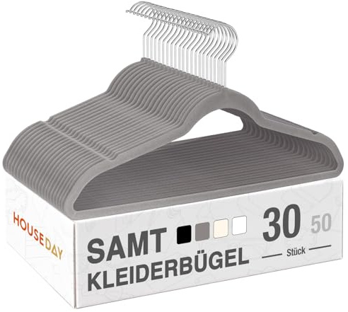 HOUSE DAY Kleiderbügel Samt 30er Set, Kleiderbügel Platzsparend, Bügel rutschfest und Samtbügel Schmal mit 360° Drehbarer Haken, für Hemden, Anzüge, Mäntel, Pullover, Hosen, Dunkles Grau