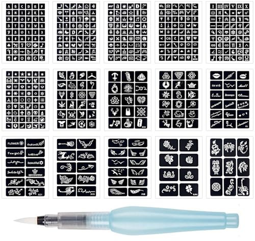 Xynovate 15 Feuilles Pochoirs Tatouage, Henna Main Tatouage Pochoir set, Pochoirs de Tatouage Temporaires à Paillettes pour Enfants et Adultes, Visage, Main, Cosplay, Fête