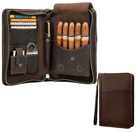 Buithafu Estuche para Humidor de Puros, Humidor portátil Viaje con Cortador de Puros Ranura para Encendedor, Cuero Marrón, Portátil de Viaje, Capacidad para 5 Puros, (Solo Estuche Vacío)