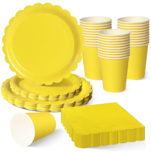 ZblPyro Amarillo vajilla cumpleaños para 30 invitados con platos carton ondulados 23cm y 18cm, vasos de papel y servilletas. Ideal para cumpleaños infantiles y verano.