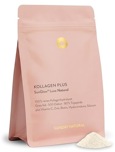 SUNDAY NATURAL® Kollagen Pulver SunGlow® Luxe – 204g – Gold-Standard Collagen Pulver Plus Hyaluron, Vitamin C, Silizium, Biotin & Zink – Hergestellt aus Kollagen Typ 1 & 3 – Neutral, laborgeprüft