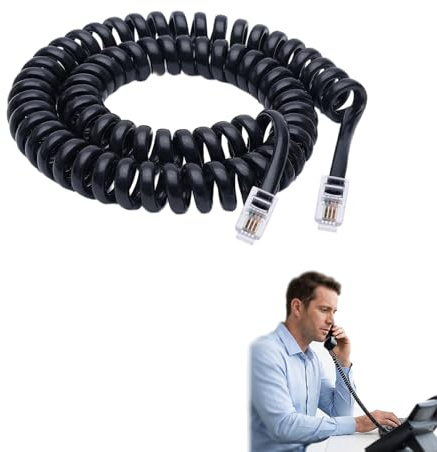 Larebidtex 5M Spiralkabel für Telefone, Flexibler RJ10 zu RJ10 Anschluss, Kompatibel mit Festnetztelefonen ROLM, TI, Cisco, NEC, AT&T, TI, ITT, (Schwarz)
