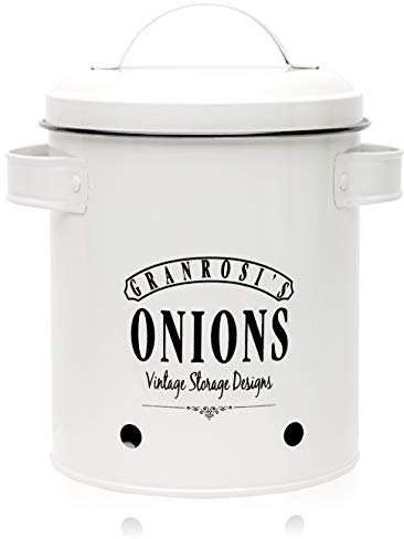 Granrosi Pot à Oignon avec Couvercle, Boîte de Rangement en Métal pour la Cuisine, Récipient de Stockage Alimentaire, pour un Stockage Longue Durée, 16.8x13.6x22.5cm (Gris Vintage)