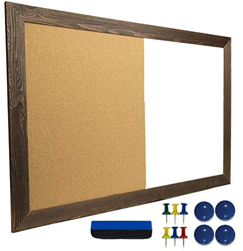 Excello Global Products Dry Erase Cork Board Combo: Magnetic White Board with Cork Bulletin & Rustic Wooden Frame for Home, School, Office - 24x36