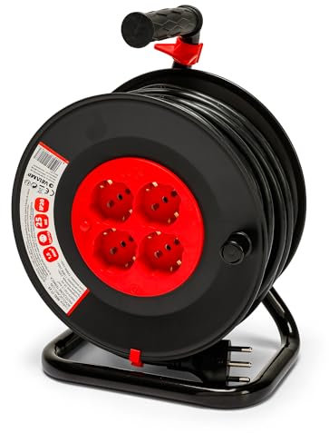 VELAMP REEL-IT-25 - Alargador eléctrico con enrollacables 25 m - 4 tomas polivalentes (Schuko + 10/16 A) - Enchufe grande 16 A - Interruptor de protección - Cable eléctrico multipolar 3G sección 1,5