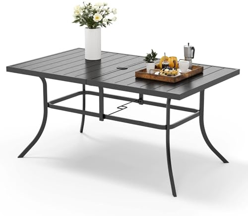 MFSTUDIOO 6-Person Outdoor Metal Steel Slat Dining Rectangle Table with 2.6 Umbrella Hole, Black