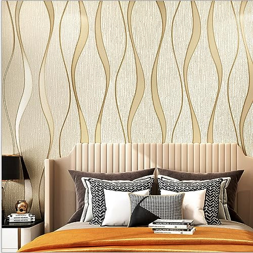 Q QIHANG Modern Minimalist 3D Curve Water Ripple Three-Dimensional Flocking Non-Woven Wallpaper Bedroom Living Room TV Background Wall Shop Decoration20.87 Wx393.7 L Non-Pasted (Beige)