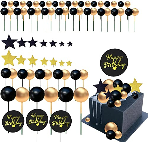 73 palline di schiuma e stelle per torte, cupcake, palline fai da te, decorazione per torte di compleanno, per San Valentino, compleanno, matrimonio, decorazione leggera in stile di lusso (oro nero)