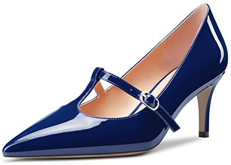 Castamere Donna Spillo Medio Gattini Tacco Heel Chiusa a Punta Slip-on T-Strap Pumps da Matrimonio Feste Dress Scarpe 6.5 CM Heels Blu Navy 38 EU