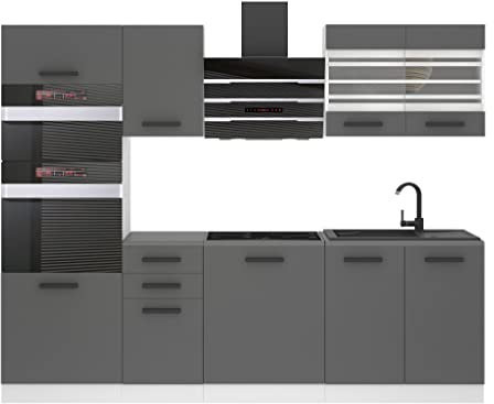 Belini Küchenzeile Küchenblock Tracy - Küchenmöbel 240 cm Einbauküche Vollausstattung ohne Elektrogeräten mit Hängeschränke und Unterschränke, mit Arbeitsplatten, Silber matt