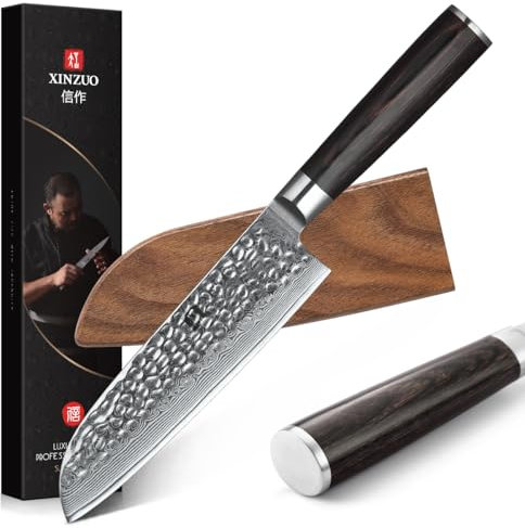 XINZUO 17.6cm Cuchillo Santoku, 67 Capas de Acero de Damasco Cuchillo de Cocinero, Profesional Cuchillos de Cocina Chef Cuchillo de Verduras, Mango de Madera de Pakka -con Funda Magnética