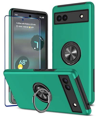 KRAFTCARE Hülle für Google Pixel 6A mit 1 Pack Panzerglas Schutzfolie, Handyhülle mit Eingebetteter 360° Grad Ring, Magnetische Schutzhülle Stoßfest Cover Case für Google Pixel 6A,Dunkelgrün