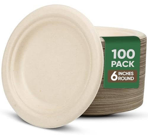 TaidMiao Paper Plates 6 Inches, 100 Pack Disposable Plates – 100% Compostable Plates, Water & Oil Proof Dessert Plates, Microwavable Small Paper Plates, Perfect Paper Plate For Party - Brown