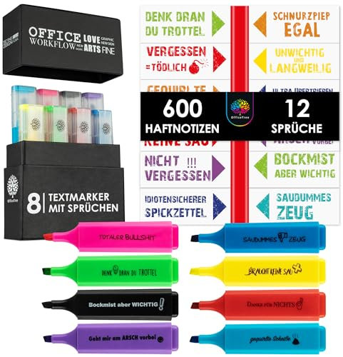 OfficeTree 600 x Haftnotizen Lustig für Studenten - 8 Lustige Textmarker Set in Box - Fiese Sprüche - Klebezettel Lustig Büro Gadgets - Textmarker Lustig - Lustige Sprüche Büro