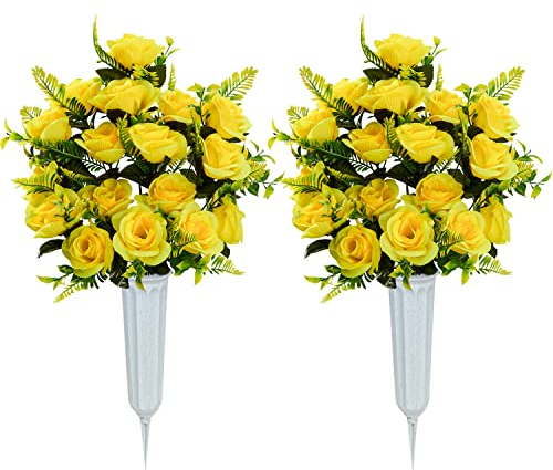 SIFOEL Set of 2 Artificial Grave Memorial Flowers Cemetery Flowers Rose Bouquet with Vase for Cemetery Graveyard Headstones Decoration (Yellow)