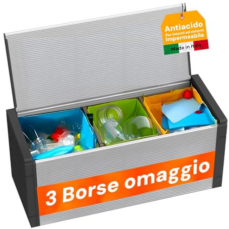 Avilia Panca Contenitore per Raccolta Differenziata - Cassapanca Portasacchi Salvaspazio, con 3 Borse in Omaggio, Ideale per Interni ed Esterni, Resistente alle Intemperie, 85x34x39cm, Made in Italy