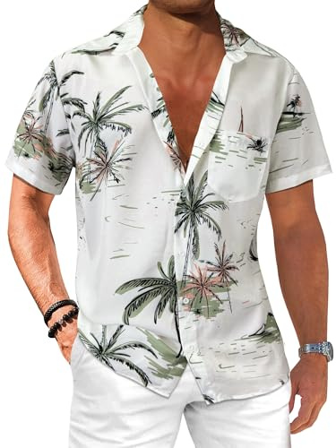 Comdecevis Men's Hawaiian Floral Shirts Short Sleeve Button Down Tropical Summer Beach Shirts Coconut Tree White Large