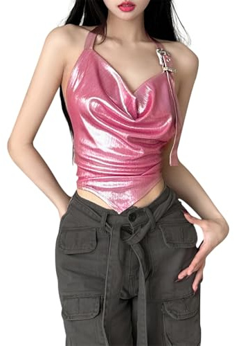 Débardeurs Paillettes Femme Crop Top Sexy Tank Tops Camisole sans Manches Brillant Caraco à Bretelles Été Dos Creux Gilet Haut Cropped Club Party Fête Soirée Jazz Rock Tops Veste