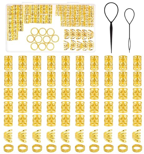 Juego de 72 Anillos Dorados para Trenzas, Anillos para el Pelo Ajustable Dreadlocks Accesorios de decoración Anillos Trenzas Pelo Mujer y Hombres para Trenzar el Cabello DIY Punk Hip-Hop Trenzas Pelos