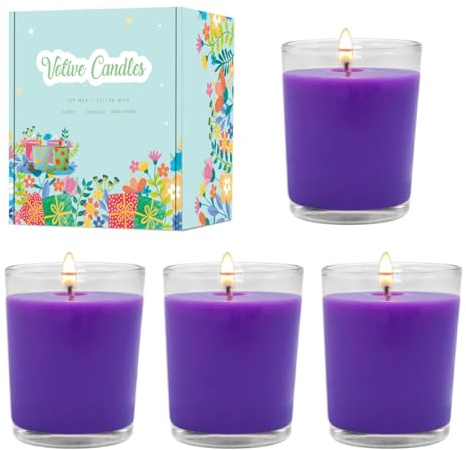 Paquete de 4 velas votivas perfumadas de lavanda en vidrio transparente, cera de soja natural, alivio del estrés, velas de color morado para el hogar, fiesta, mesa, spa, decoración de vacaciones