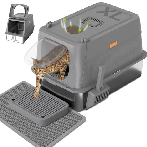 Citylife XL Stainless Steel Cat Litter Tray with Lid, Extra Large Enclosed Metal Litter Box with Litter Scoop&Double Layer Litter Mat, Non-Sticky, Non-Odor, Easy Cleaning, for Big Cats