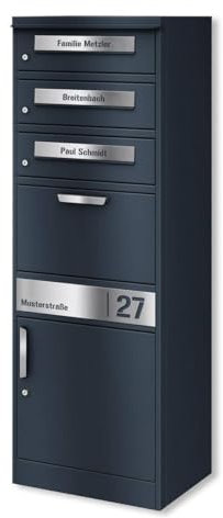 Metzler Paketbox mit 3 Briefkästen – 3er Briefkasten mit Paketfach & Namensgravur, Personalisierte Blenden aus Edelstahl – Outdoor Paketbriefkasten draussen XXL – RAL 7016 Anthrazit - Modell Bispo