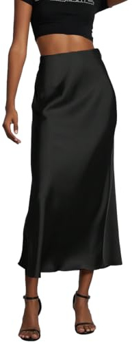 OLIPHEE Gonna Donna Lunga Raso Elegante Maxi Gonne da Donna Solida Colore Elastica Vita Alta A-Line Skirt in Satin Casual Vestiti Vacanza Business Nero L